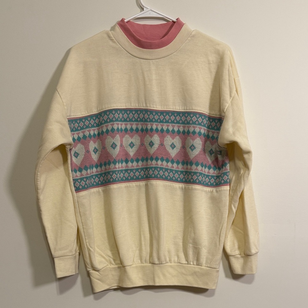 Land & Sea Cream and Pink Patterned women’s Sweater with heart stitch pattern